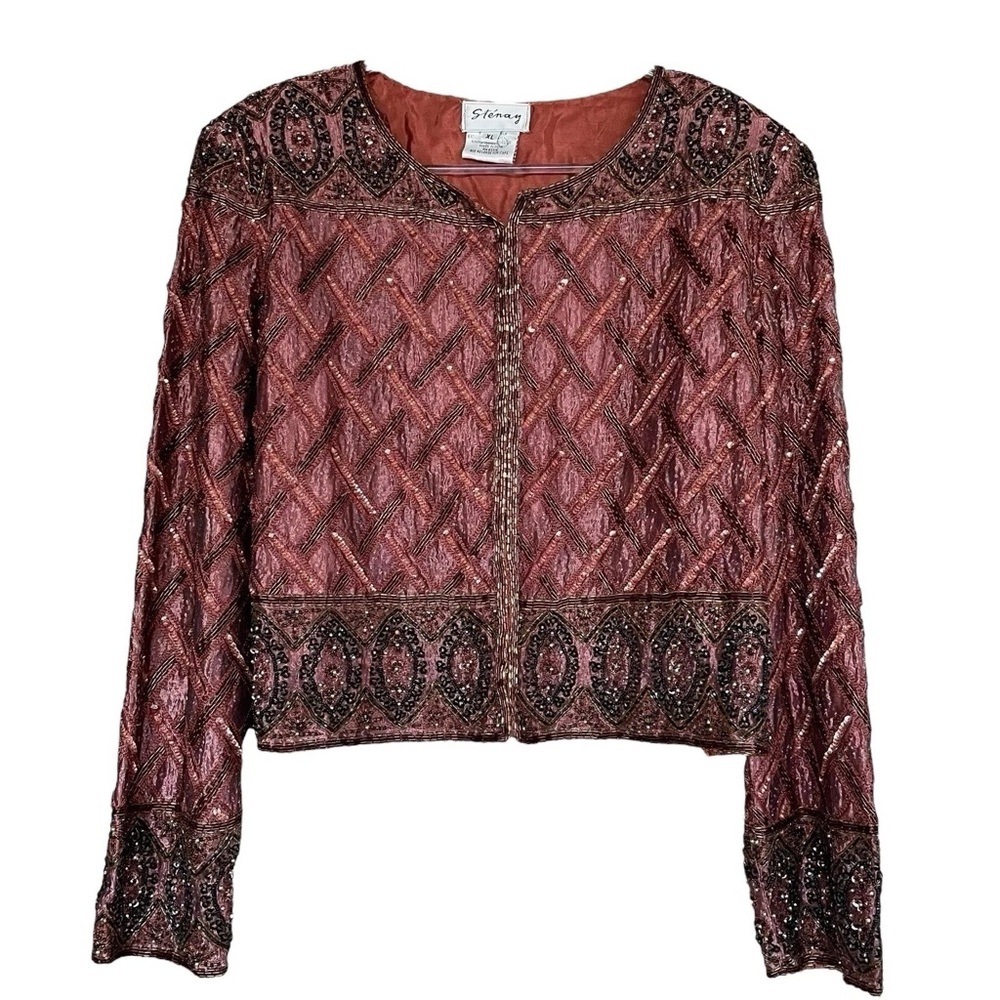 Vtg Stenay Beaded Sequined Embroidered Silk Cropped Evening Jacket Rust Size XL